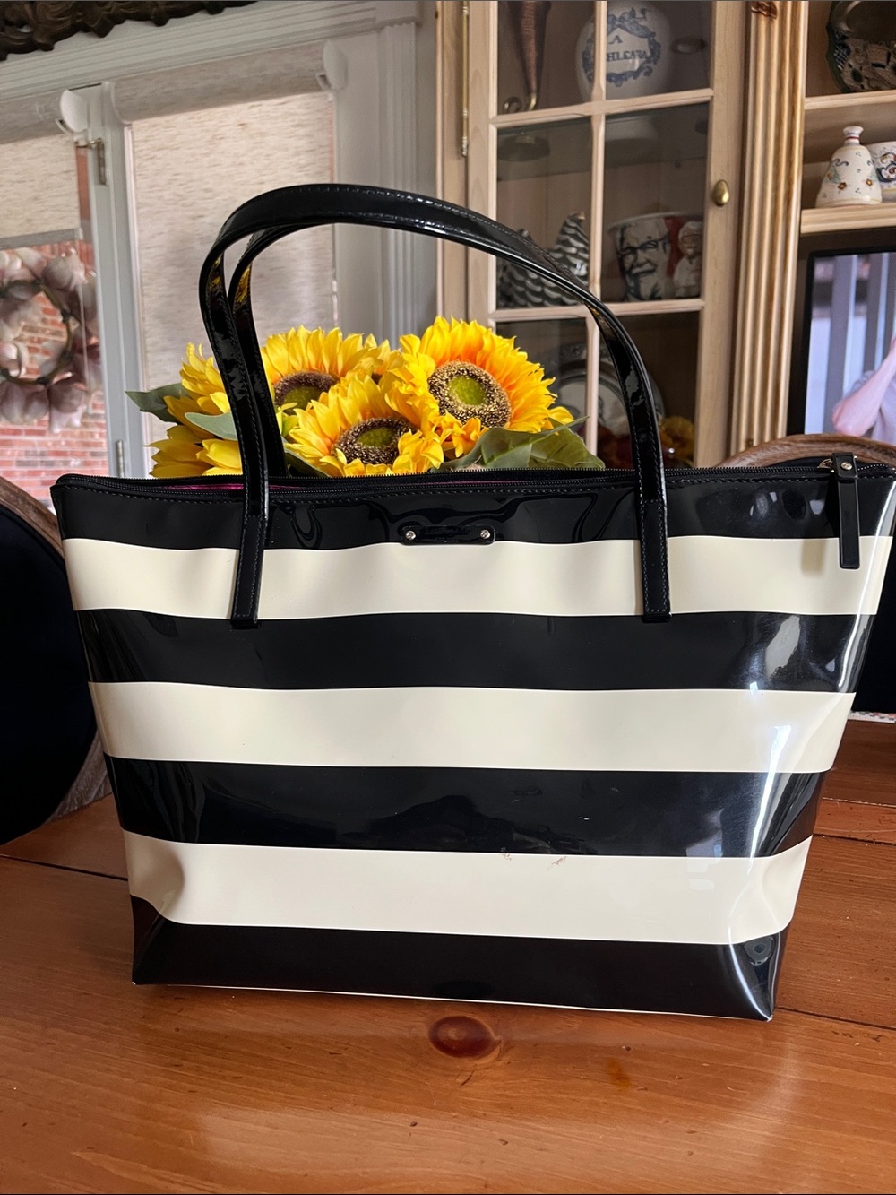 kate spade Black and Cream Striped Patent Tote Bag